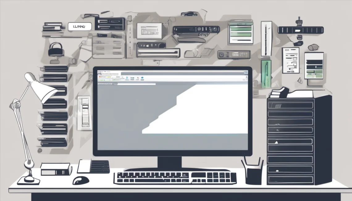 A stylized graphic of a desktop computer.
