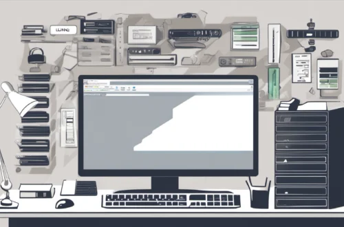 A stylized graphic of a desktop computer.
